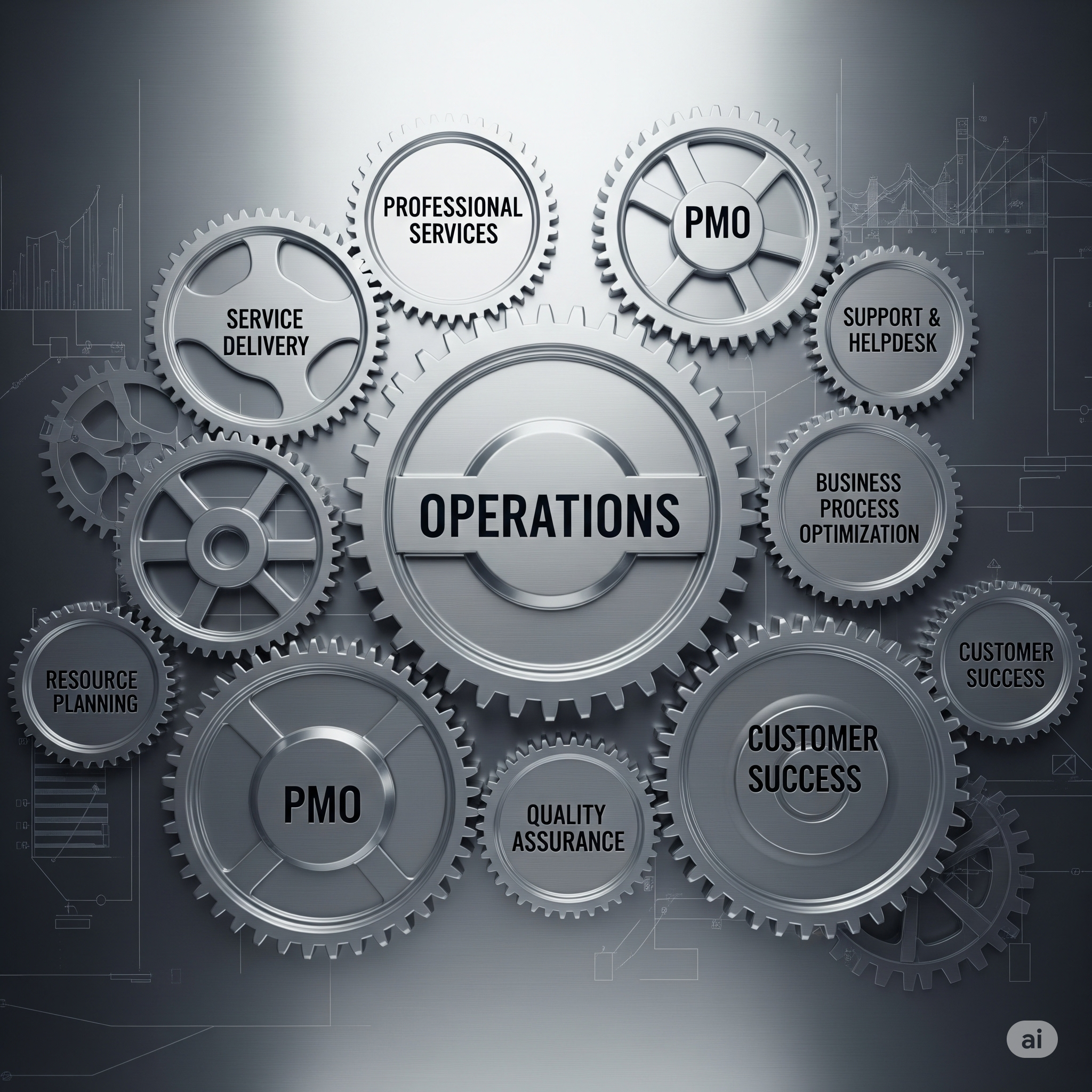 A clean and elegant image depicting the concept of a business's core operational engine. A large, central gear is labeled 'OPERATIONS' and drives multiple smaller gears representing functions like 'Service Delivery', 'Support & Helpdesk', and 'Customer Success'.