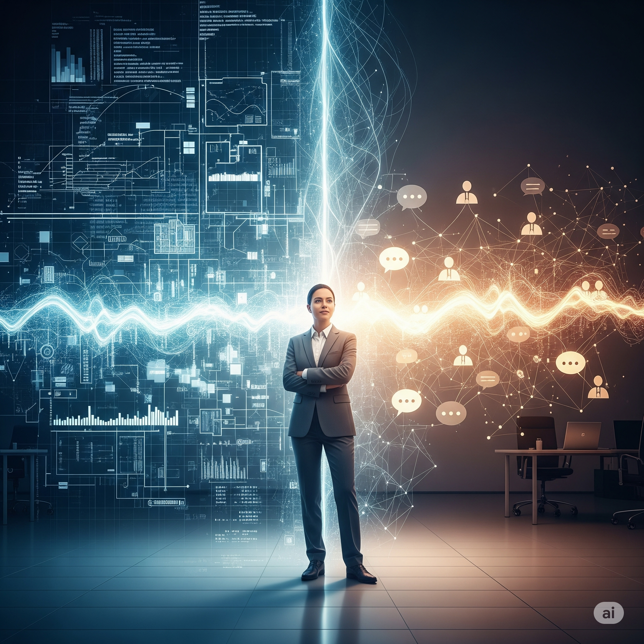 A professional image representing the unique blend of technical proficiency and emotional intelligence. One half shows a complex technical diagram in cool colors, while the other side is a softer, more fluid representation of human interaction in warm tones. A consultant stands at the intersection, symbolizing the ability to bridge the technical and the human.